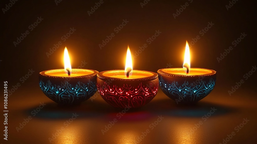 Three illuminated diyas with intricate designs. Three illuminated diyas with intricate designs.