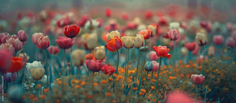 Obraz premium Toned Image of Outdoor Colorful Tulip Field with Shallow Depth of Field