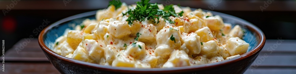Delicious Creamy Italian Pasta with Parsley in Blue Bowl on Wooden Table: Perfect Comfort Food Recipe for Pasta Lovers and Italian Cuisine Enthusiasts Delicious Creamy Italian Pasta with Parsley in Blue Bowl on Wooden Table: Perfect Comfort Food Recipe for Pasta Lovers and Italian Cuisine Enthusiasts