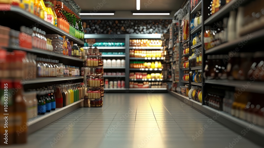 A blurred background of a grocery store interior with shelves filled with products,. food vectors. Ultra realistic. Photorealistic A blurred background of a grocery store interior with shelves filled with products,. food vectors. Ultra realistic. Photorealistic