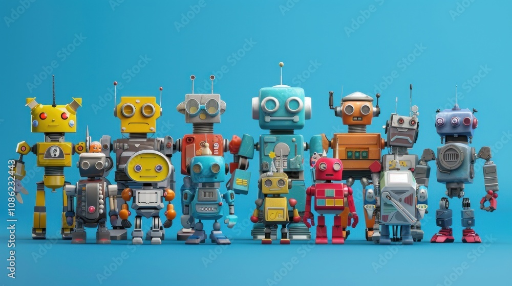 Fototapeta premium Cute robot using 3D modeling software on blue background, AI generated image