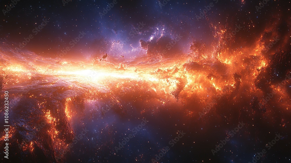 Fototapeta premium Fiery Cosmic Nebula Brightly Illuminates Distant Stars