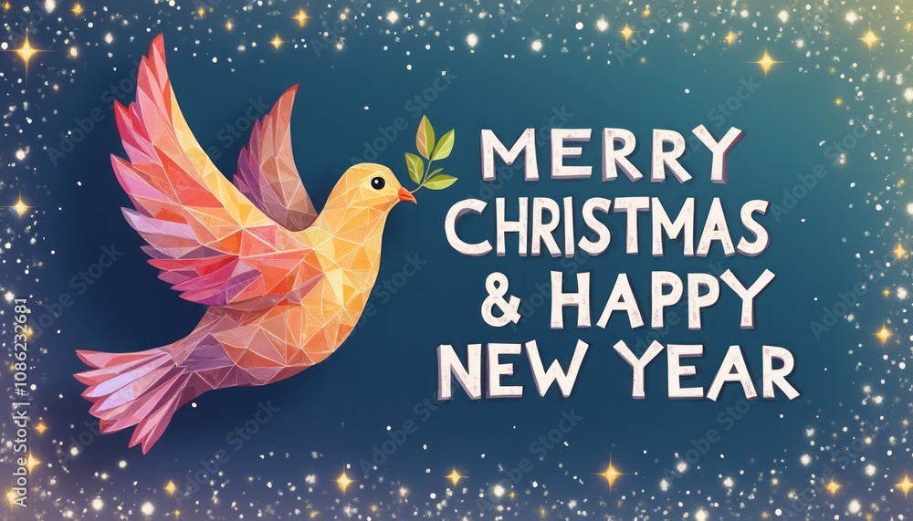 Fototapeta premium A vibrant, geometric dove soars gracefully against a starry, deep blue background, carrying a green olive branch in its beak. The festive message