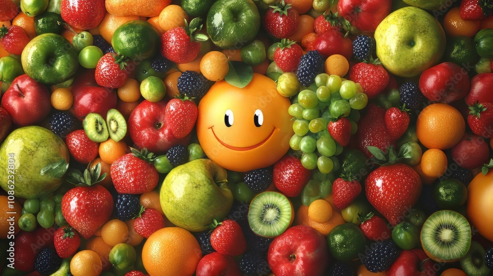A colorful fruit and vegetable pattern with a smile, featuring a vibrant, cute design in lively colors, ultra-realistic and photorealistic food vector imagery A colorful fruit and vegetable pattern with a smile, featuring a vibrant, cute design in lively colors, ultra-realistic and photorealistic food vector imagery