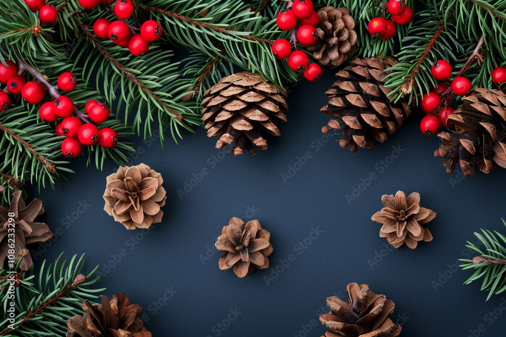 Christmas Wreath with Red Berries and Pine Cones Christmas Wreath with Red Berries and Pine Cones