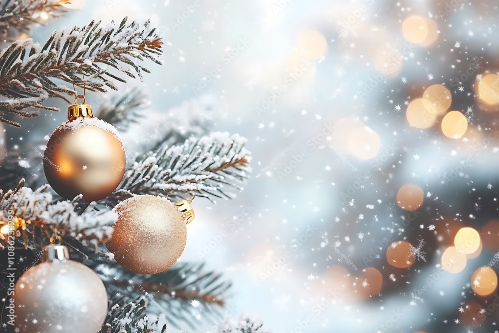 Christmas tree ornaments, winter snow, festive background Christmas tree ornaments, winter snow, festive background