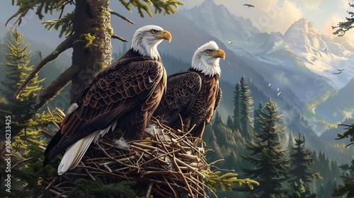 Bald eagles nesting tall pine trees their sharp beaks and keen eyesight making them formidable and iconic birds of prey photo