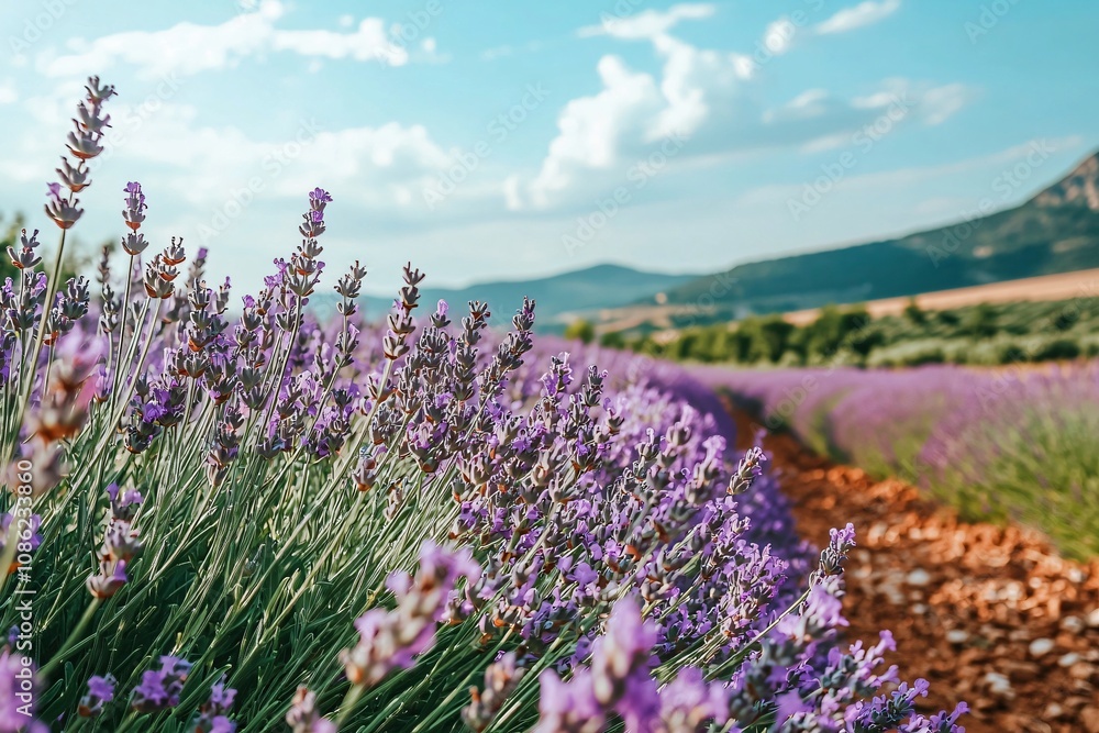 Naklejka premium Serene Lavender Fields Under a Clear Blue Sky