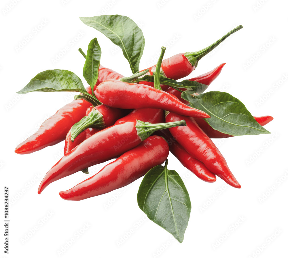 PNG Fresh red chili peppers with vibrant green leaves PNG Fresh red chili peppers with vibrant green leaves
