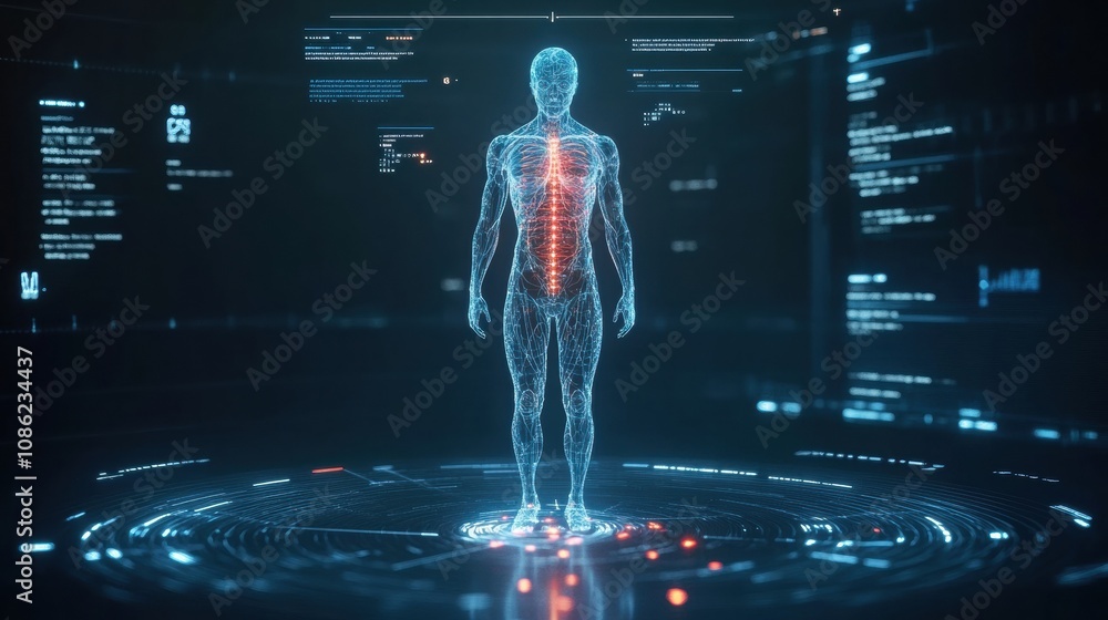 A transparent figure displays the intricate DNA structure and nervous system highlighted in a modern virtual lab environment. Generative AI A transparent figure displays the intricate DNA structure and nervous system highlighted in a modern virtual lab environment. Generative AI