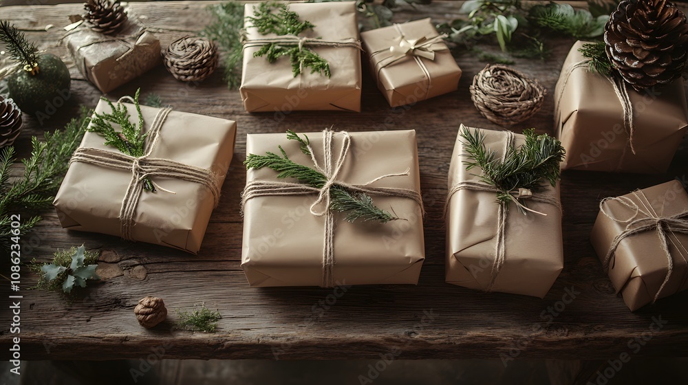 Rustic Brown Paper Wrapped Gifts Decorated with Pine Branches on Wooden Table Rustic Brown Paper Wrapped Gifts Decorated with Pine Branches on Wooden Table