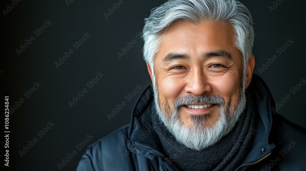 Meet a warm and friendly senior man with grey hair and beard, radiating charm in a dark studio portrait.