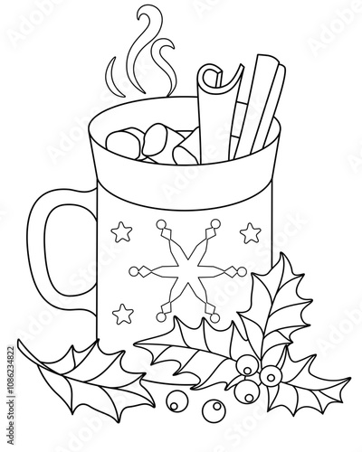 A cup of hot drink with cinnamon and marshmallows decorated with holly in a spice frame - vector linear illustration. Outline. Mug with cocoa or coffee with spices and leaves and berries of holly leaf