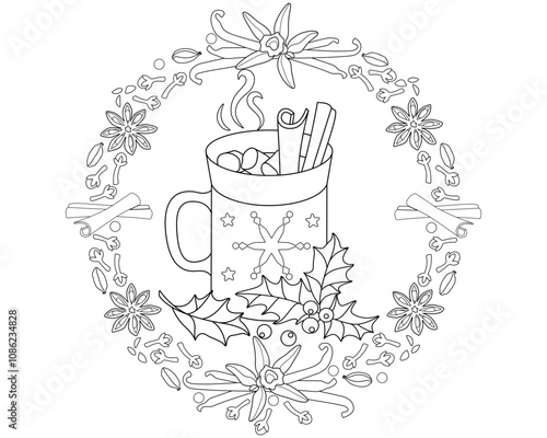 A cup of hot drink with cinnamon and marshmallows decorated with holly in a spice frame - vector linear illustration. Outline. Mug with cocoa or coffee with spices and leaves and berries of holly leaf