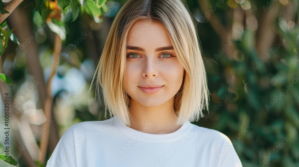 A stunning blonde girl poses gracefully by a lush tree, capturing the essence of beauty in a serene garden setting. A stunning blonde girl poses gracefully by a lush tree, capturing the essence of beauty in a serene garden setting.