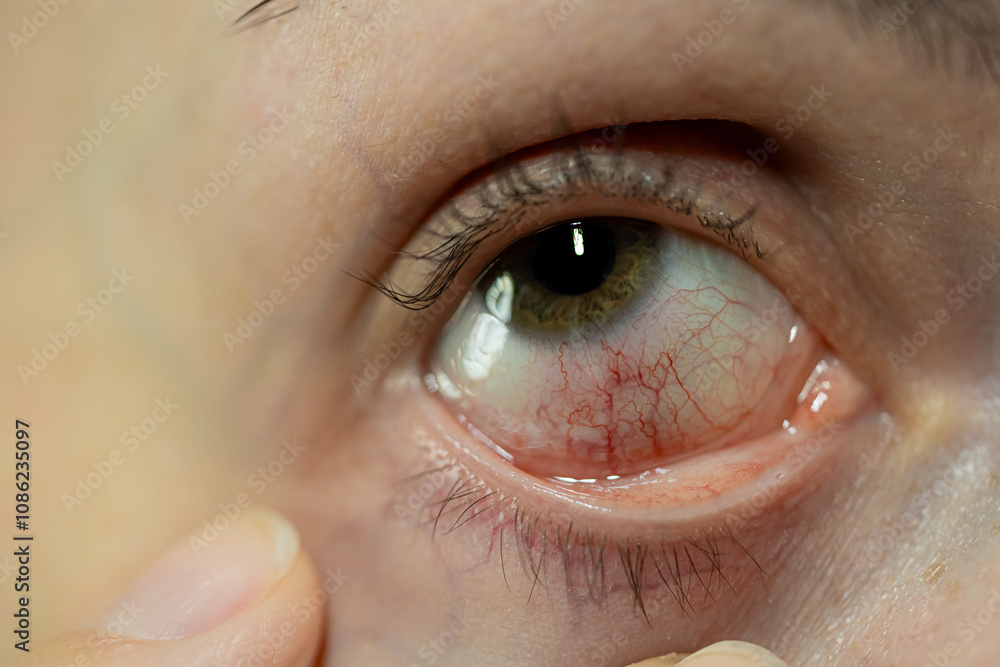Fototapeta premium An inflamed eye. The woman's eye became inflamed after being exposed to a draft. The woman's eye became inflamed due to prolonged computer use. The capillaries are clearly visible. A red eye. Macro.