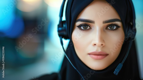 A focused female call center operator in hijab, engaged with clients while using her computer in a modern office. photo