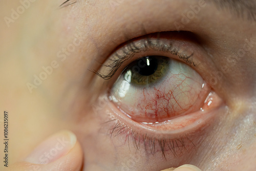 An inflamed eye.
The woman's eye became inflamed after being exposed to a draft. 
The woman's eye became inflamed due to prolonged computer use.
The capillaries are clearly visible.
A red eye. Macro. photo