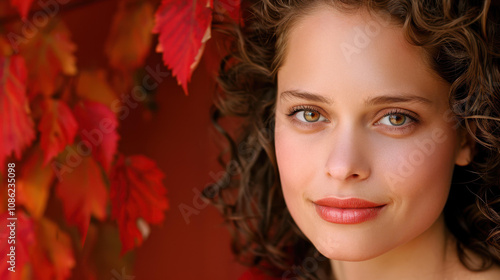 A serene woman in her 3s exudes warmth amidst a backdrop of vibrant autumn hues, embodying peace and joy. photo