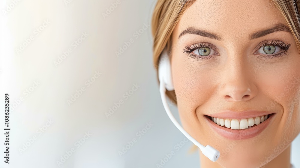 Naklejka premium A warm and attentive call center operator engages with a customer, providing support and solutions from her office.