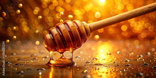 Radiant water drops glistening on golden honey dipper with warm amber tones, sweet natural nectar rich , honey, dipper photo