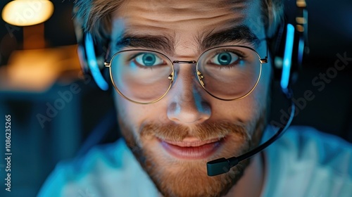 A dispatcher engages with a client using a handsfree headset, ensuring clear communication in a busy call center. photo