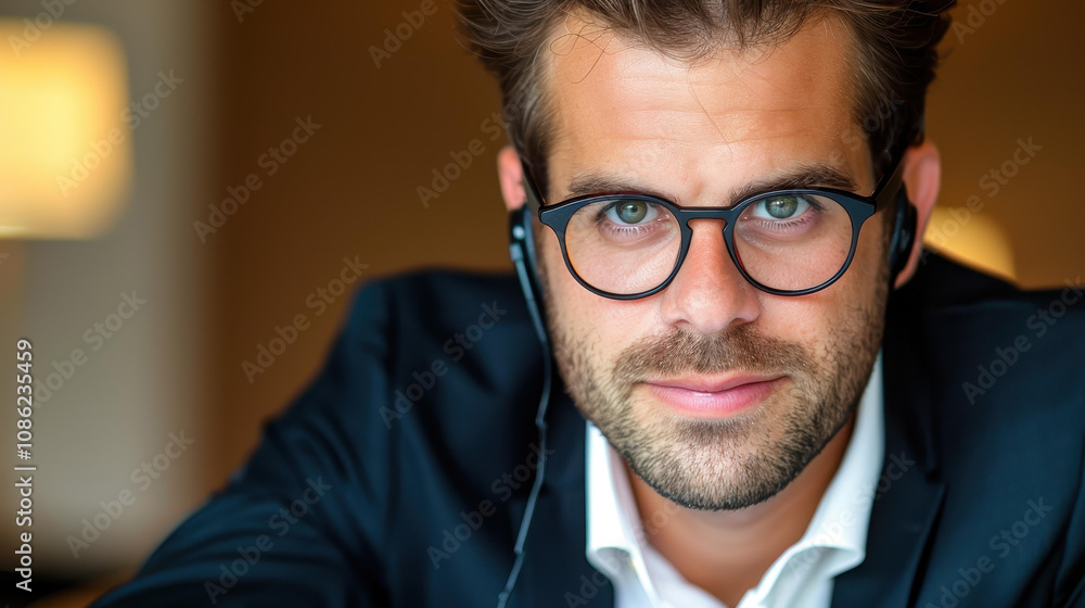 A young sales agent focuses on a client, listening intently through a headset while jotting down important notes. A young sales agent focuses on a client, listening intently through a headset while jotting down important notes.