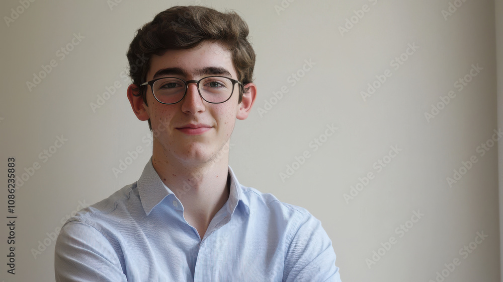 young man wearing glasses and light blue shirt, smiling confidently young man wearing glasses and light blue shirt, smiling confidently