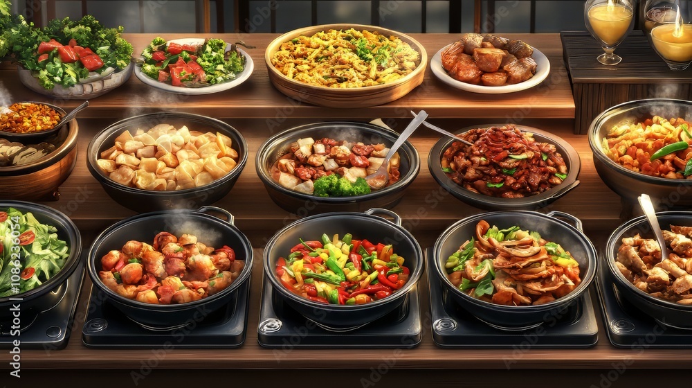 Fototapeta premium Asian food buffet in restaurant multiple food dishes and salad. food vectors. Ultra realistic. Photorealistic