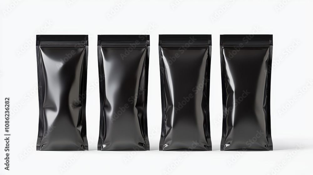 Four black tall rectangular bags placed side by side, showcasing sleek design Four black tall rectangular bags placed side by side, showcasing sleek design