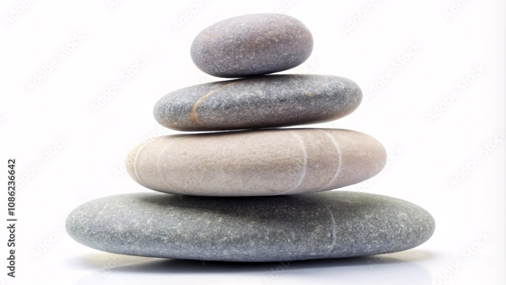 A small stack of smooth grey pebbles arranged symmetrically on a white background. A small stack of smooth grey pebbles arranged symmetrically on a white background.