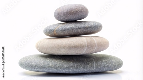 A small stack of smooth grey pebbles arranged symmetrically on a white background. 