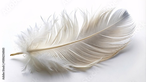 A delicate white feather with fine details placed on a white background.   photo