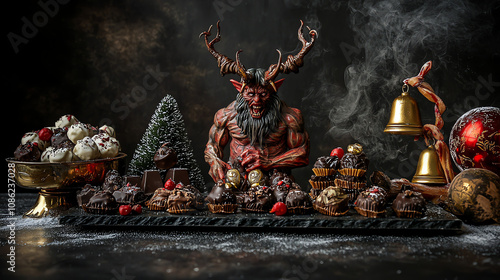 Austrian Krampusnacht celebration featuring a mini Krampus and festive treats in a dark setting during the holiday season photo