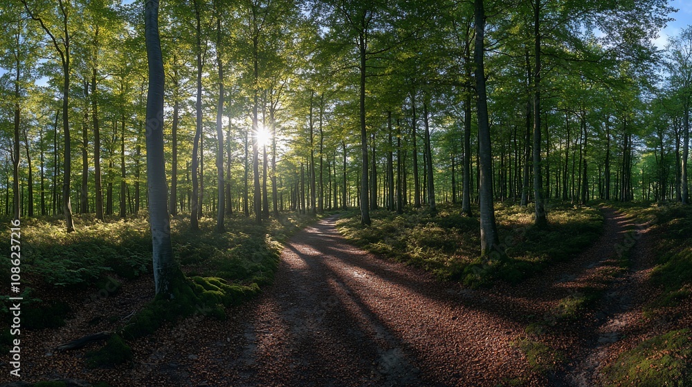 Obraz premium Sunlit forest path splits into two trails.