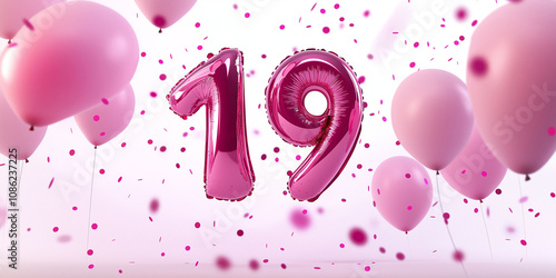 Metallic pink number 19 balloons on white background, decorations for anniversary or birthday celebration