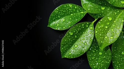 Close-up of green leaves with water droplets on a dark background.