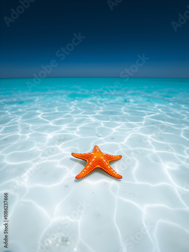 A lone starfish basks in the shallows of a vibrant turquoise sea, its bright orange body contrasting with the glistening white sand below and the azure sky above. photo