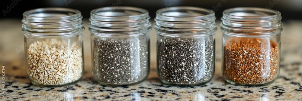 Colorful jars filled with nutritious pumpkin, hemp, and chia seeds sit neatly on a countertop, highlighting healthy snack options. Generative AI Colorful jars filled with nutritious pumpkin, hemp, and chia seeds sit neatly on a countertop, highlighting healthy snack options. Generative AI