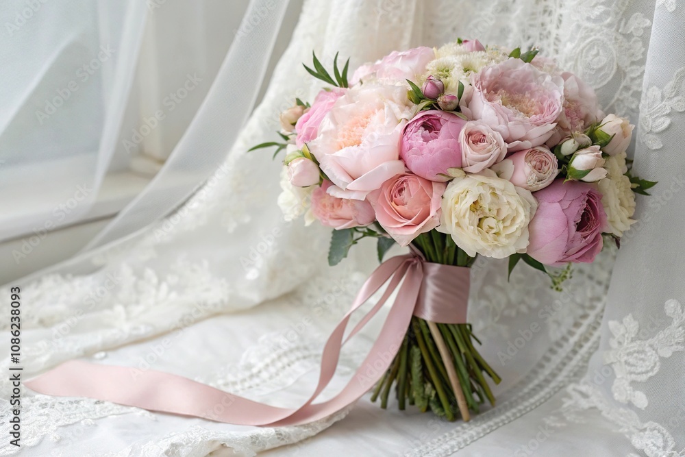 A beautiful bouquet of peonies and roses in a soft pastel color palette tied with a flowing satin ribbon set against a white lace backdrop, vintage love, peony wedding flowers A beautiful bouquet of peonies and roses in a soft pastel color palette tied with a flowing satin ribbon set against a white lace backdrop, vintage love, peony wedding flowers