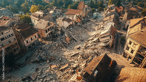 Destruction in a city following a devastating earthquake, with collapsed buildings and debris scattered across the streets photo