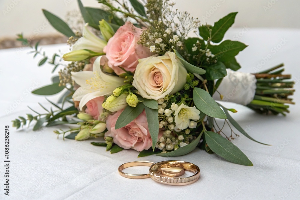 A bouquet of flowers placed at the center of two wedding rings surrounded by lush greenery, circular, decoration, ornamental, love A bouquet of flowers placed at the center of two wedding rings surrounded by lush greenery, circular, decoration, ornamental, love