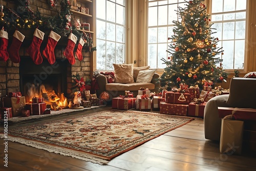 Cozy Christmas Living Room with Fireplace and Decorated Tree