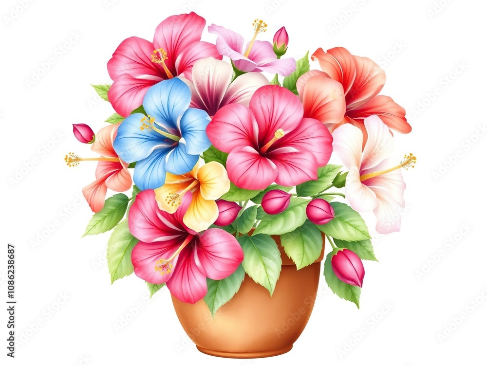 A bunch of hibiscus flowers with various colors and shapes in a delicate watercolor style, arranged in a small terracotta pot., botanical art, pottery, floral still life A bunch of hibiscus flowers with various colors and shapes in a delicate watercolor style, arranged in a small terracotta pot., botanical art, pottery, floral still life