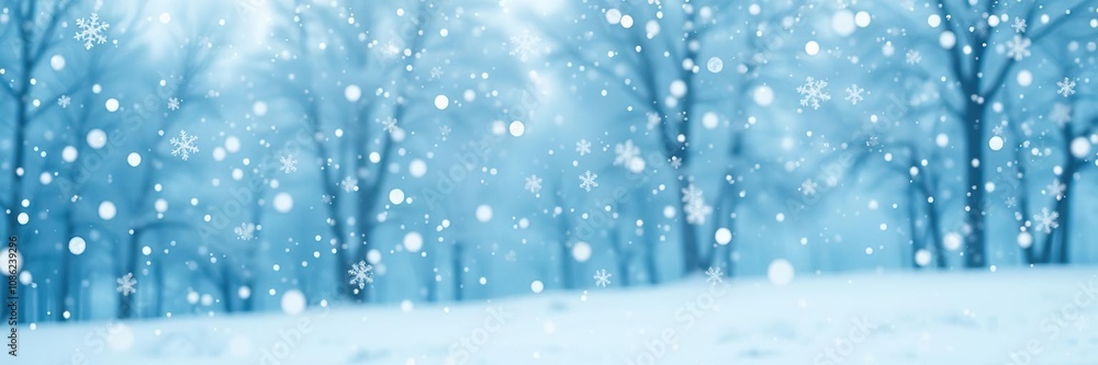 A delicate dance of white snowflakes in various sizes and opacities is captured on a soft blue winter background with frosty trees and a serene atmosphere, seren, blue A delicate dance of white snowflakes in various sizes and opacities is captured on a soft blue winter background with frosty trees and a serene atmosphere, seren, blue
