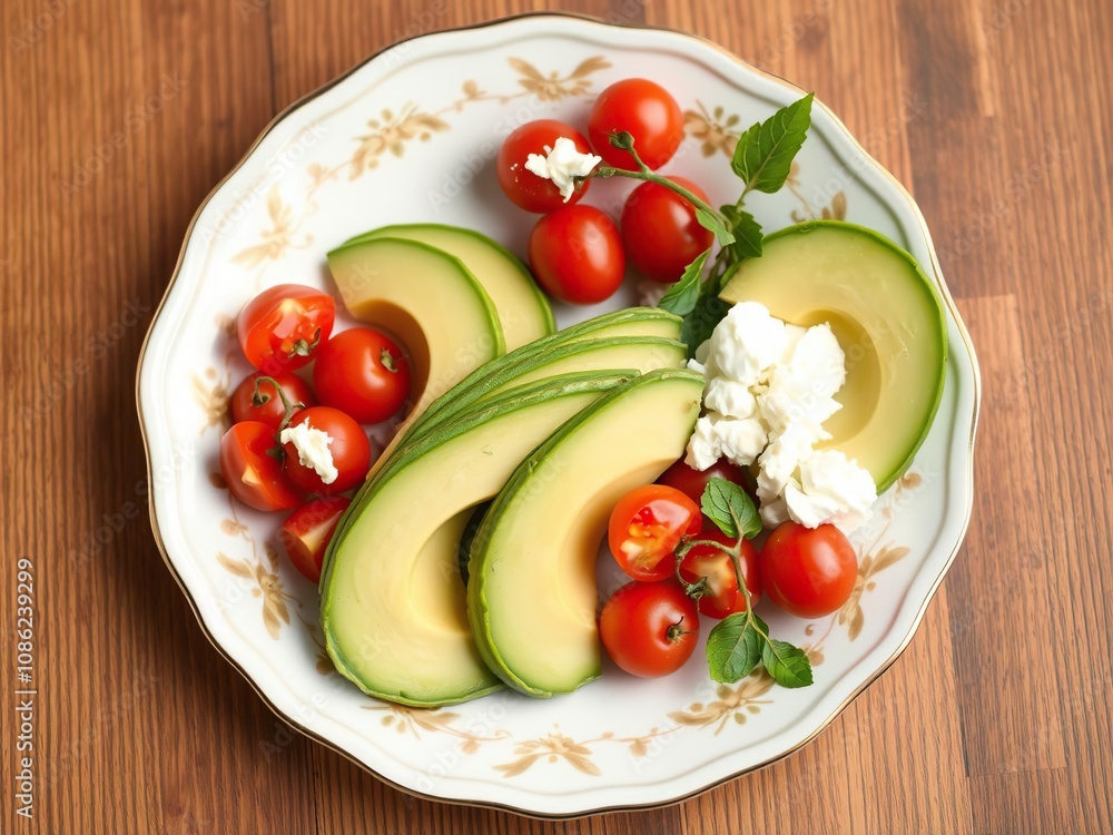 A delicate china plate filled with sliced avocado, cherry tomatoes, and crumbled goat cheese, elegant, food presentation, gourmet A delicate china plate filled with sliced avocado, cherry tomatoes, and crumbled goat cheese, elegant, food presentation, gourmet
