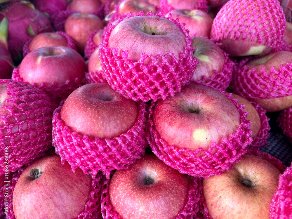 close up of fresh apples in the market
