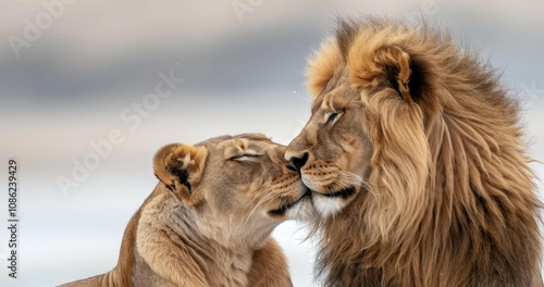 A stunning pair of lions embodying grace and strength as they reign over their jungle domain in a warm embrace.