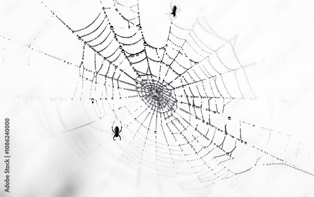 Obraz premium Spider web with dewdrops on white background.