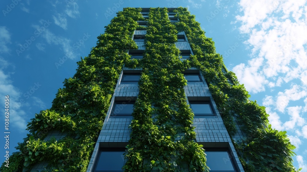 A green-covered building reaching towards a blue sky. A green-covered building reaching towards a blue sky.